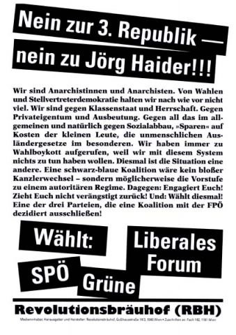 Plakat Nein zur 3. Republik der anarchistischen Gruppe Revolutionsbräuhof Wien