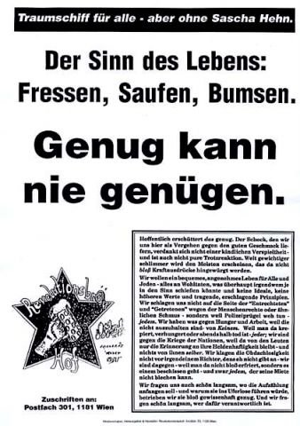 Plakat Genug kann nie genügen der anarchistischen Gruppe Revolutionsbräuhof Wien