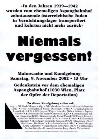Plakat Niemals vergessen der anarchistischen Gruppe Revolutionsbräuhof Wien